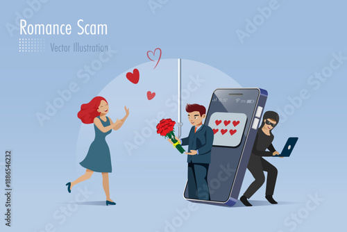 Romance scam, online dating phishing scam. Scammer with phishing red flowers hook on women heart, fraud chatting on victim woman. Cyber crime and scammer. vector.
