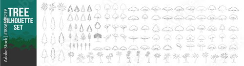 Tree silhouette collection, oak deciduous canopy vector illustration, forest nature landscape plant foliage, black isolated clipart on transparent background