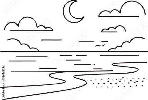 A serene nighttime landscape with moon, clouds, and water from a distant viewpoint