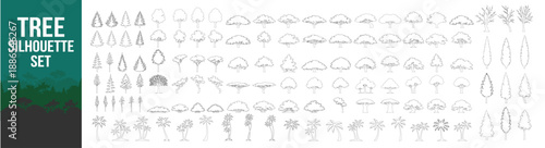 Tree silhouettes set. Outline line drawing forest trees vector illustration isolated on transparent background