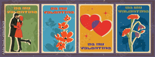 14 February Posters: Couple of Lovers Kissing, Poppy Flowers, Hearts, Carnation Bouquet. Be My Valentine! Valentine's Day Retro Postcard Style Illustrations. 1960s Vintage Colors, Aged Paper Texture 