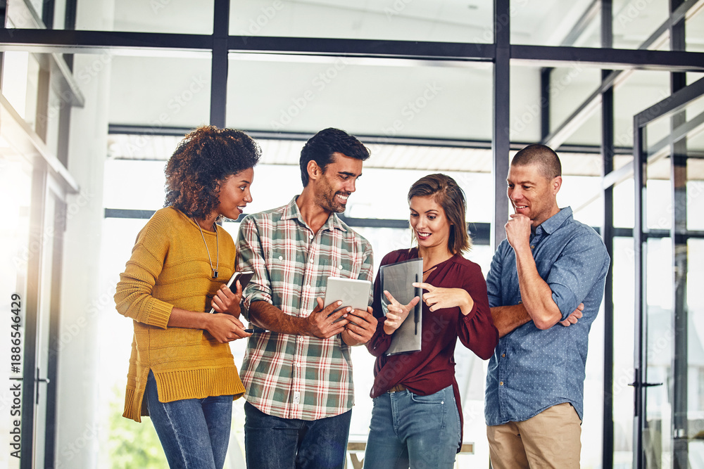 Obraz premium Tablet, creative team or business people in office for problem solving, idea and campaign proposal. Tech, marketer and planning in meeting for advertising feedback, brand growth and smile in startup