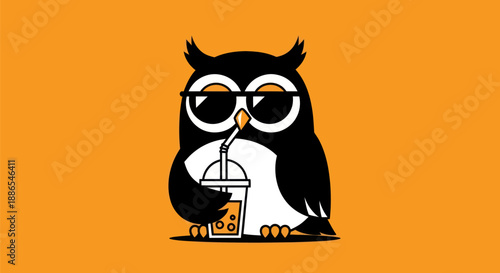 Cartoon owl drinks beverage on orange background
