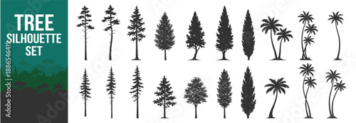Evergreen pine tree silhouette collection, forest nature vector illustration set, conifer fir spruce christmas snow alpine mountain taiga woodland landscape on transparent background