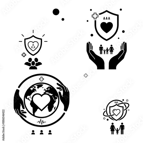 Labour Day elderly care and telehealth support icons with couple silhouette health shield and global app