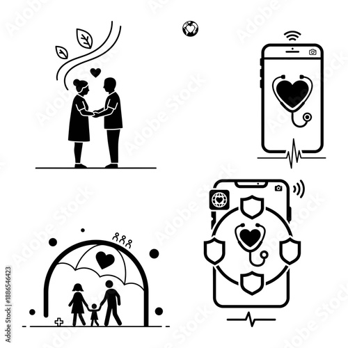 Workers health homecare assistance icon set with telemedicine phone coverage shield and helping hands