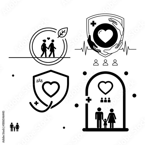 Telemedicine and senior care icons with umbrella protection and smartphone health app for workers benefits