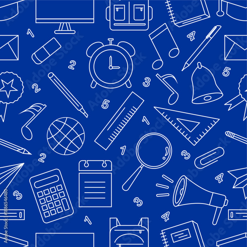 Education doodle pattern. Education themed doodle design. Seamless school supplies pattern background. Back to school doodle concept. Set of attribute school icons collection.