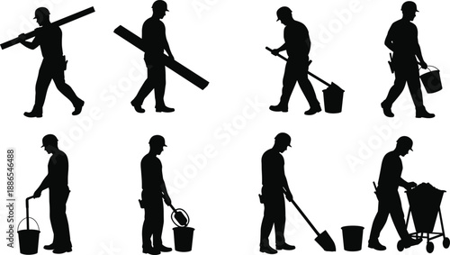 Construction worker silhouettes performing manual labor, carrying beams, using tools, lifting buckets, digging, pushing wheelbarrow, safety helmets, industrial site, vector icons