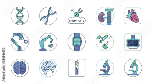 Collection of Medical and Scientific Icons Representing Biology and Technology.