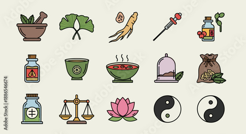 Collection of Traditional Chinese Medicine and Herbal Remedy Icons.
