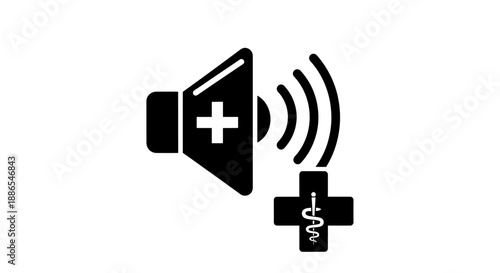 Medical Alert Sound Icon: Black Speaker with Plus Sign and Caduceus Symbol.