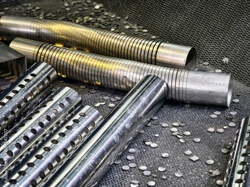 Metal rods and metal pieces on a factory floor during a production process in an industrial workshop