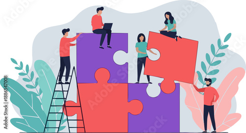 Diverse team of professionals working together collaboratively to fit large puzzle pieces completing a shared business objective