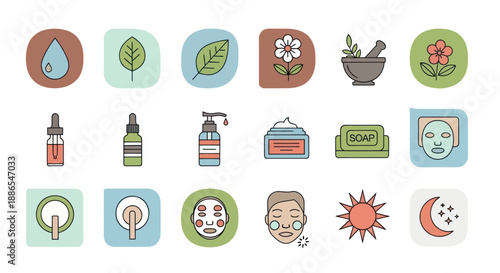 Colorful Natural Skincare and Beauty Product Line Art Icons Set.