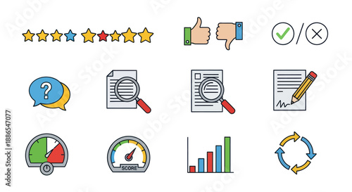 A vibrant set of filled outline icons for business feedback data analysis and performance metrics.