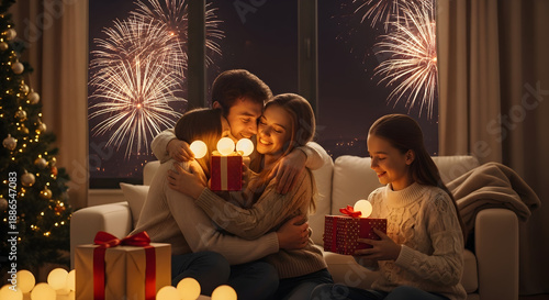 A happy family celebrates new year s eve or christmas with glowing gifts and fireworks in the background creating a warm and festive atmosphere
