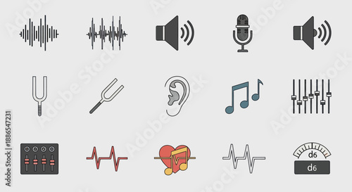 Sound and Audio Icons: Waveforms Speakers Microphone Ear Music Notes and Equalizers.