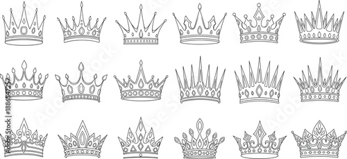 Hand drawn crown illustration set with royal tiaras king queen symbols and decorative sketch line art designs