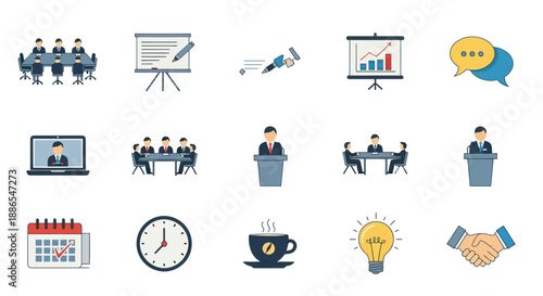 Business and Meeting Icon Set: Presentation Teamwork and Communication Elements.