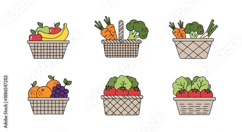 Colorful Baskets Filled with Fresh Fruits and Vegetables.