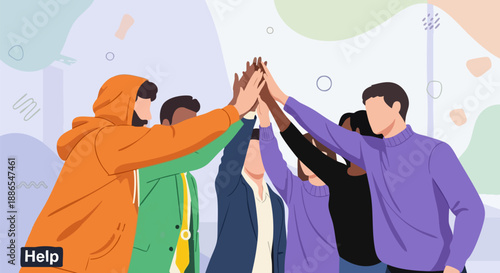 Diverse group of motivated team members uniting together with a high five gesture showing solidarity and success