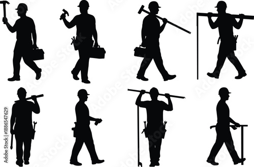 Construction worker silhouettes vector set, hard hat labor icons, toolbox and tools poses, pipe carrier, hammer, tool belt, safety gear