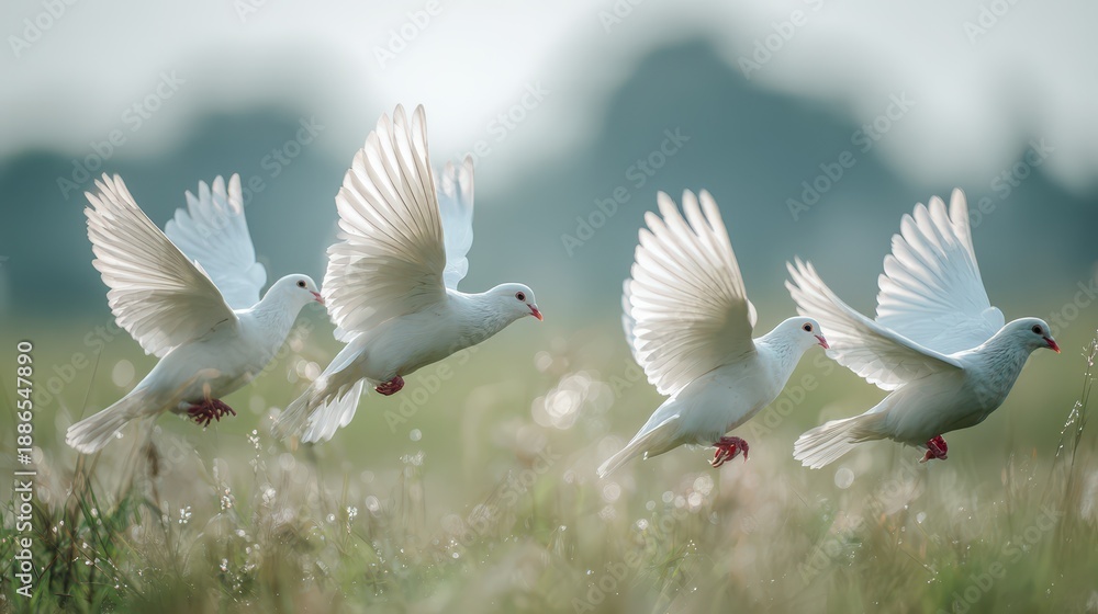 Obraz premium Serene group of white doves against a pale blue sky
