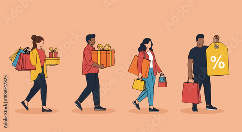 Diverse group of four people walking while carrying numerous shopping bags and wrapped gift boxes indicating consumerism