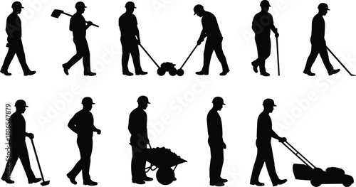 Construction worker silhouettes, manual labor vector icons, maintenance crew poses, wheelbarrow shovel mower scenes, industrial safety illustration, teamwork and tools