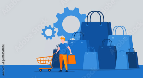 Illustration depicting a small shopper next to a large stack of retail bags symbolizing commerce and efficiency