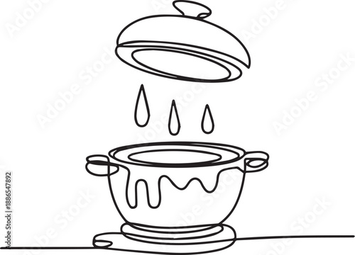 Dripping sauce illustration of a saucepan with a lid on a kitchen counter from a side view