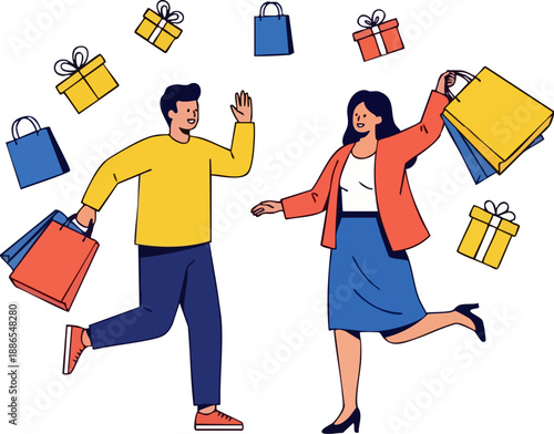 Joyful couple celebrating successful shopping spree surrounded by floating gift boxes and colorful paper bags