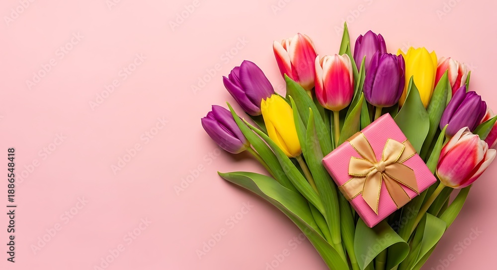 Fototapeta premium Vibrant tulips and gift box celebrating mother's day with love and appreciation