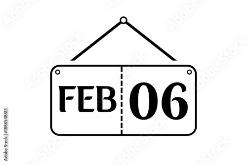 6 February calendar single day, week vector, illustration icon. white, black, and white color background calendar page vector for of the month January 6