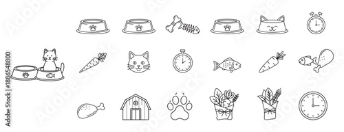 Grid of Cartoon Pet Icons Featuring Food Bowls, Treats, Shelter, and Timing Tools