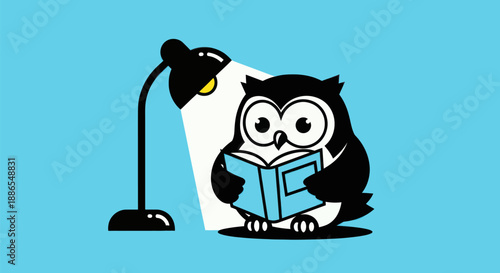 Cartoon owl reading book under lamp