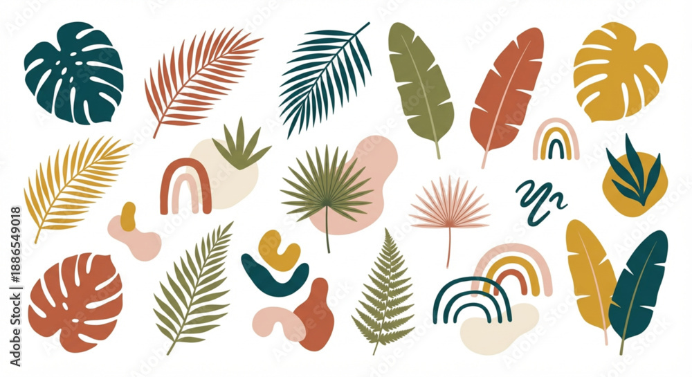 Fototapeta premium Abstract tropical leaves and rainbows seamless pattern background