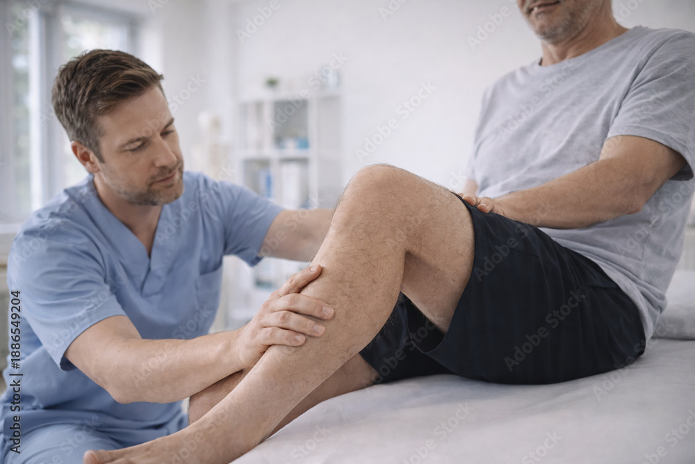 Fototapeta premium Kinésithérapeute accompagnant un patient en rééducation du genou