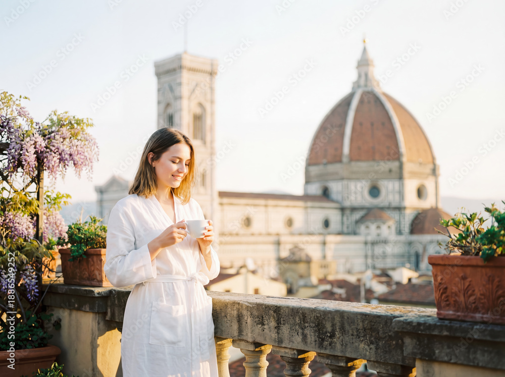 Fototapeta premium Young woman relaxing on balcony with morning coffee and city view lifestyle travel vacation background copy space florence italy architecture