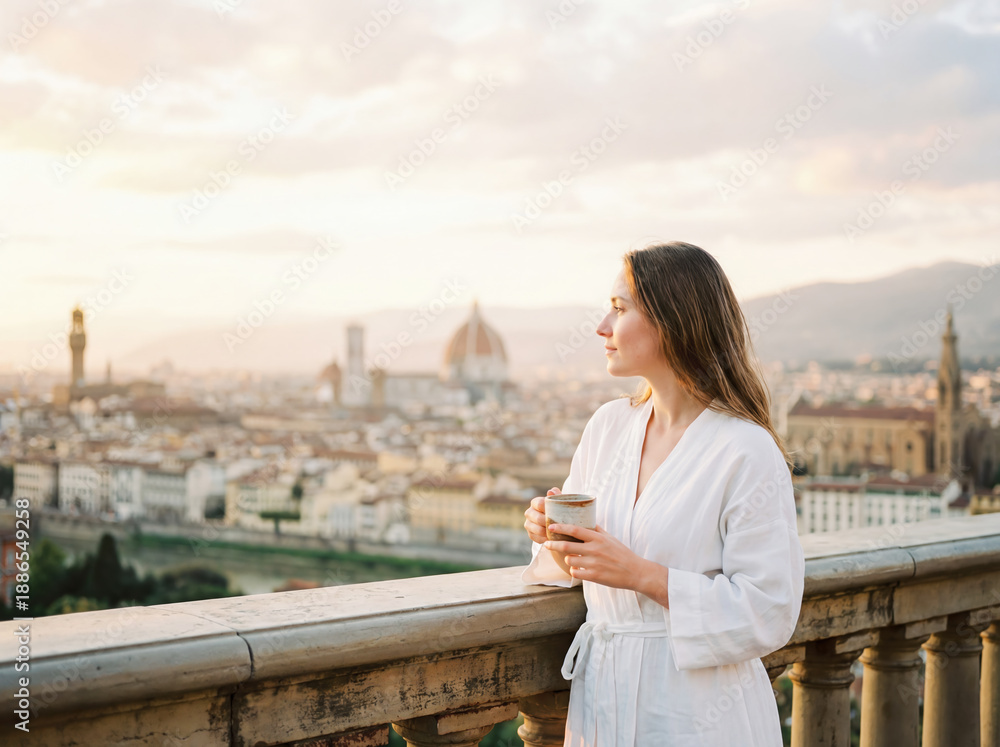 Fototapeta premium Young woman relaxing on balcony with morning coffee and city view lifestyle travel vacation background copy space florence italy architecture