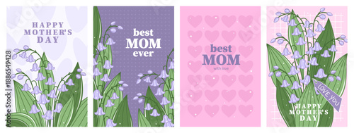 Mother's Day card, banner, poster, backgrounds. Spring floral design with lilies of the valley and hearts. Vector illustration