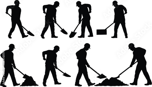 Construction worker silhouettes, six manual labor figures shoveling, hard hat safety icons, dynamic digging poses, vector illustration for construction, labor, industry
