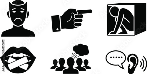 Flat design angry pointing finger and sad face isolation icons set depicting silence stigma social exclusion mental health awareness listening and boxed person closeup front view