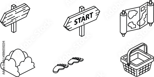 Isometric line art start sign wooden signpost rolled map footprints bushes picnic basket directional icons in clean outline vector set top view simple monochrome