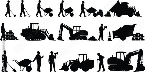 Construction workers and heavy equipment silhouettes, excavator, bulldozer, front loader, dump truck, manual labor scenes, wheelbarrow, bricklaying, site supervision, safety icons