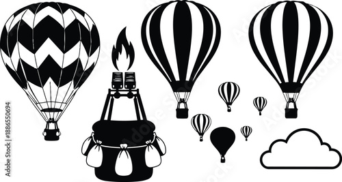 Vintage hot air balloon vector flat design close up striped envelope and basket with fuel burner and sandbags group in flight silhouette landscape perspective skyward minimal