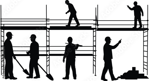 Construction workers on scaffold teamwork illustration, silhouette vector of builders on scaffolding, helmets and tools, industrial site, collaborative labor scene