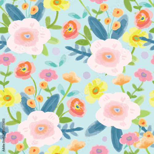 Watercolor floral and leaf on light blue background seamless pattern