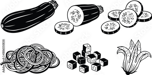 Line art close up zucchini and sliced courgette whole halves rounds spirals and cubes top view botanical kitchen illustration in monochrome bold outline hand drawn vector